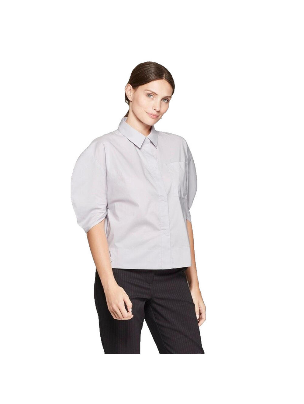 NWT Prologue Lilac Short Balloon Sleeve Utility Snap Front Blouse Top Shirt M